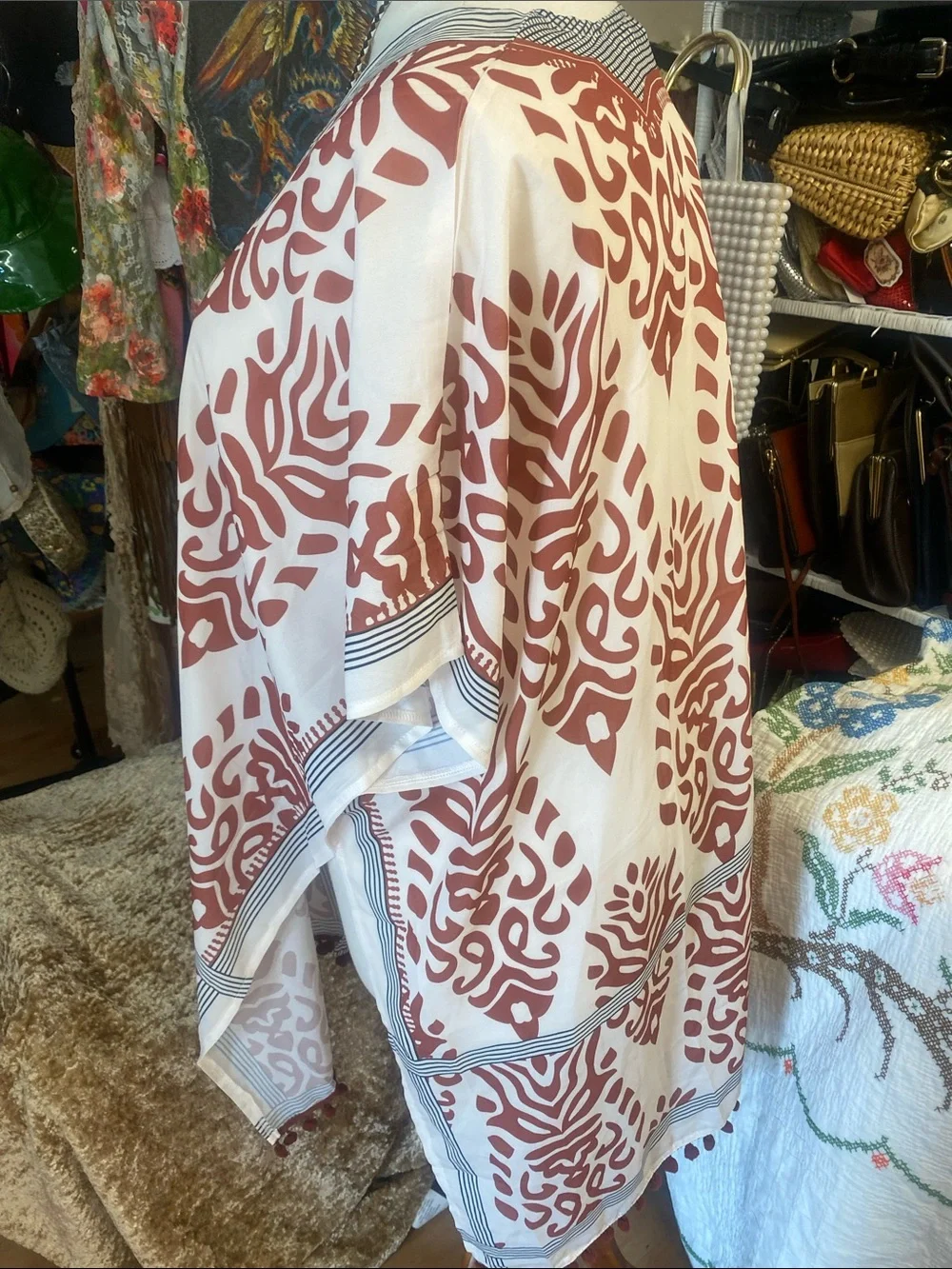 Flowy White and Terracotta Patterned Kimono Cardigan